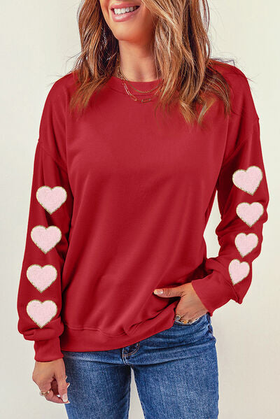 Heart Round Neck Dropped Shoulder Sweatshirt-TOPS / DRESSES-[Adult]-[Female]-Deep Red-S-2022 Online Blue Zone Planet