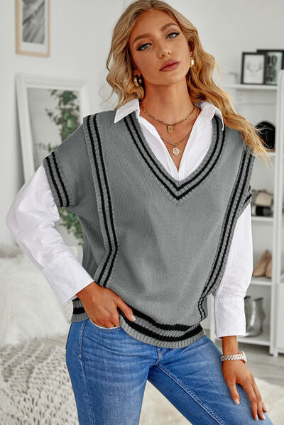 Striped V-Neck Short Sleeve Sweater Trendsi