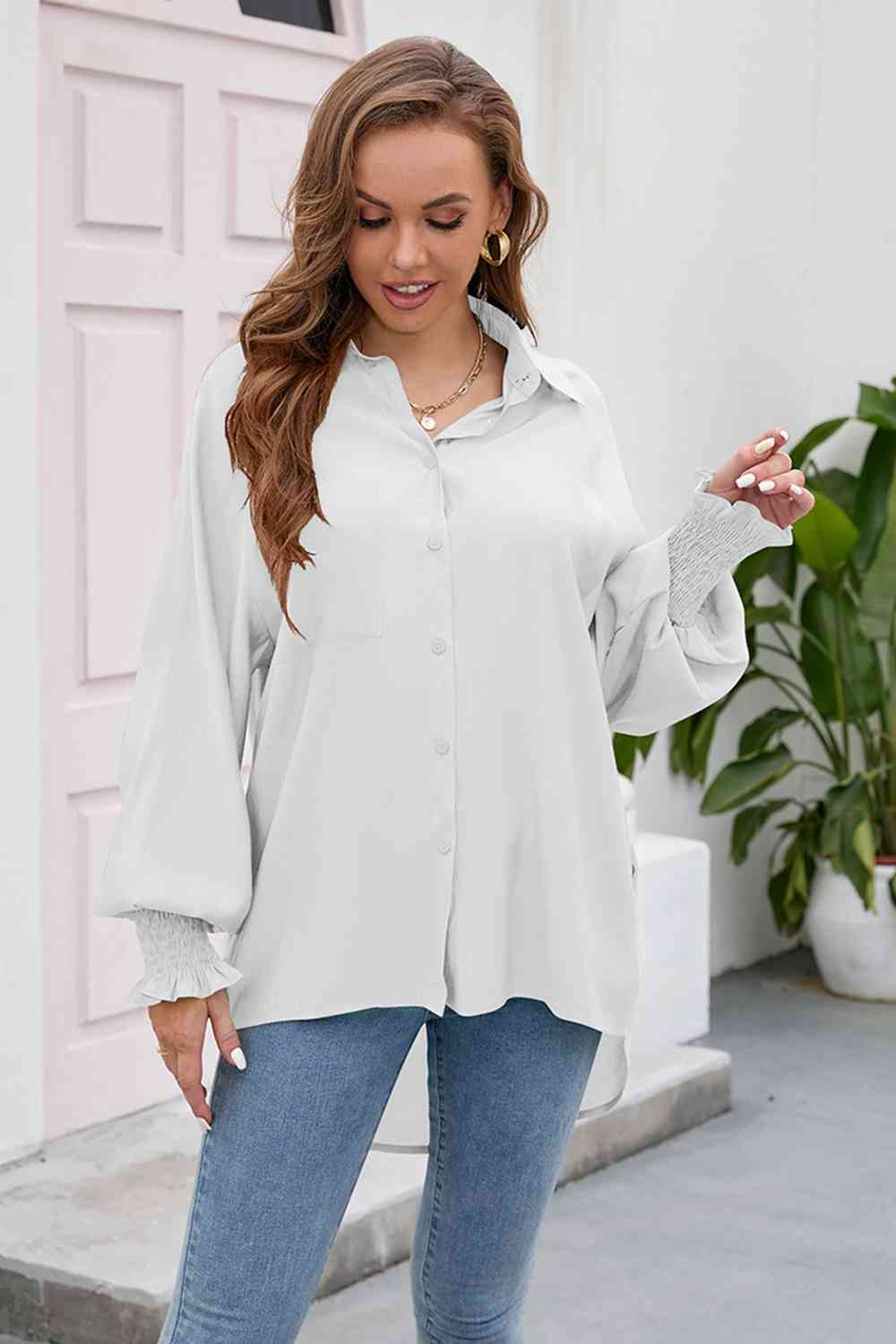 High-Low Collared Neck Lantern Sleeve Shirt BLUE ZONE PLANET