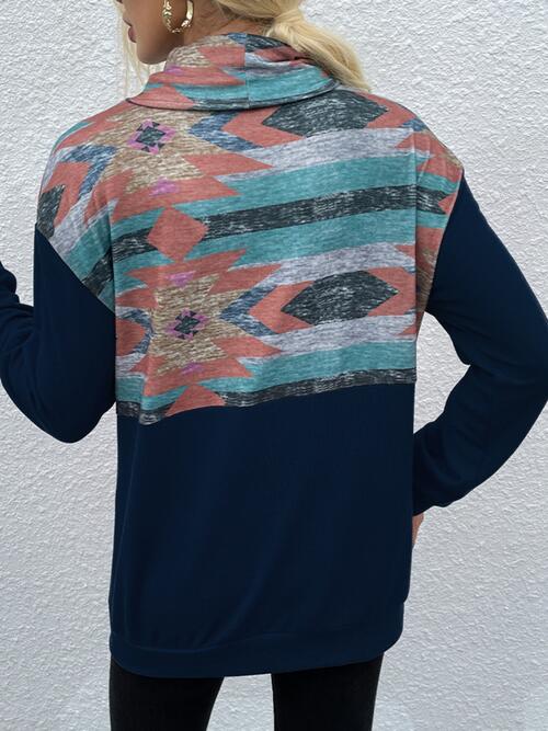 Geometric Drawstring Long-Sleeve Sweatshirt BLUE ZONE PLANET