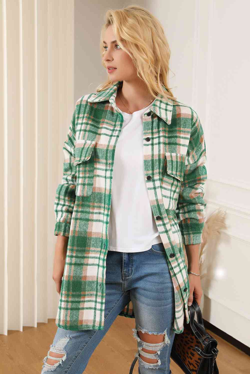 Plaid Dropped Shoulder Shirt Jacket BLUE ZONE PLANET