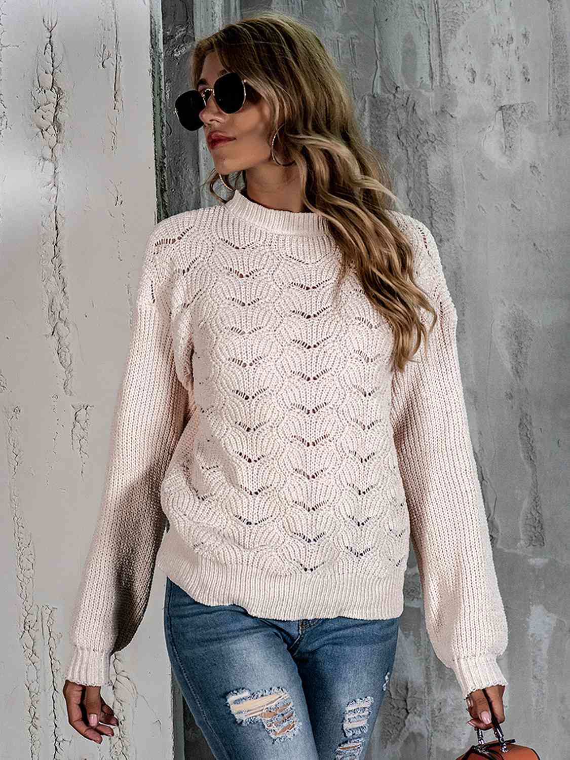 Openwork Mock Neck Long Sleeve Sweater BLUE ZONE PLANET