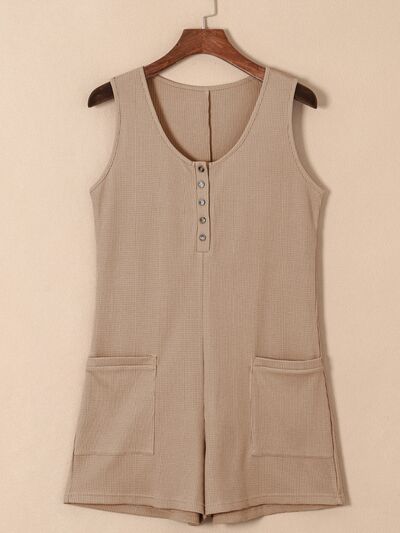 Waffle-Knit Half Button Sleeveless Romper with Pockets Trendsi