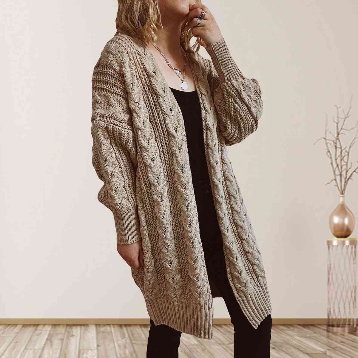 Cable-Knit Open Front Dropped Shoulder Cardigan BLUE ZONE PLANET