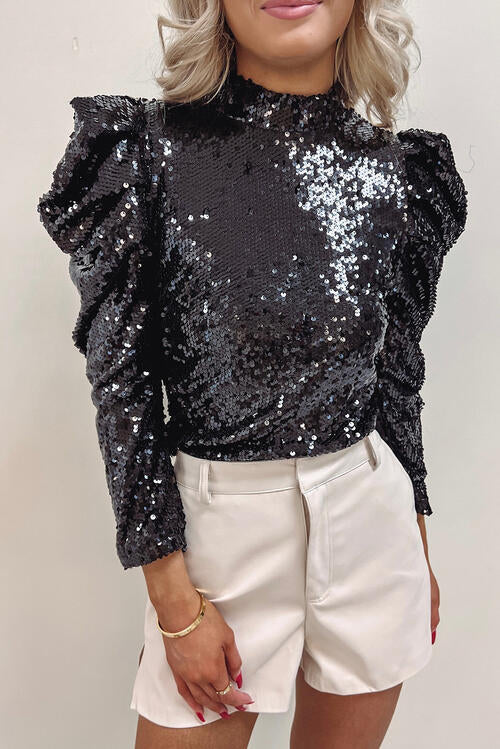 Sequin Mock Neck Leg-Of-Mutton Sleeve Top BLUE ZONE PLANET