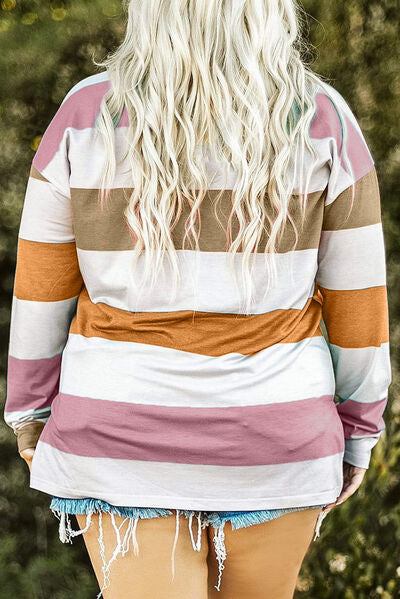 Plus Size Striped Slit Long Sleeve T-Shirt BLUE ZONE PLANET