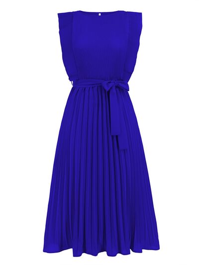 Blue Zone Planet |  Tied Round Neck Pleated Midi Dress BLUE ZONE PLANET