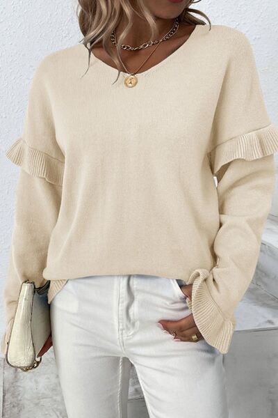 V-Neck Ruffle Trim Long Sleeve Sweater Trendsi