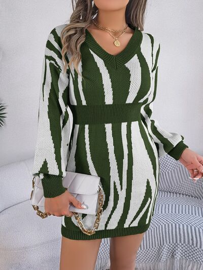 Animal Print V-Neck Long Sleeve Sweater Dress BLUE ZONE PLANET