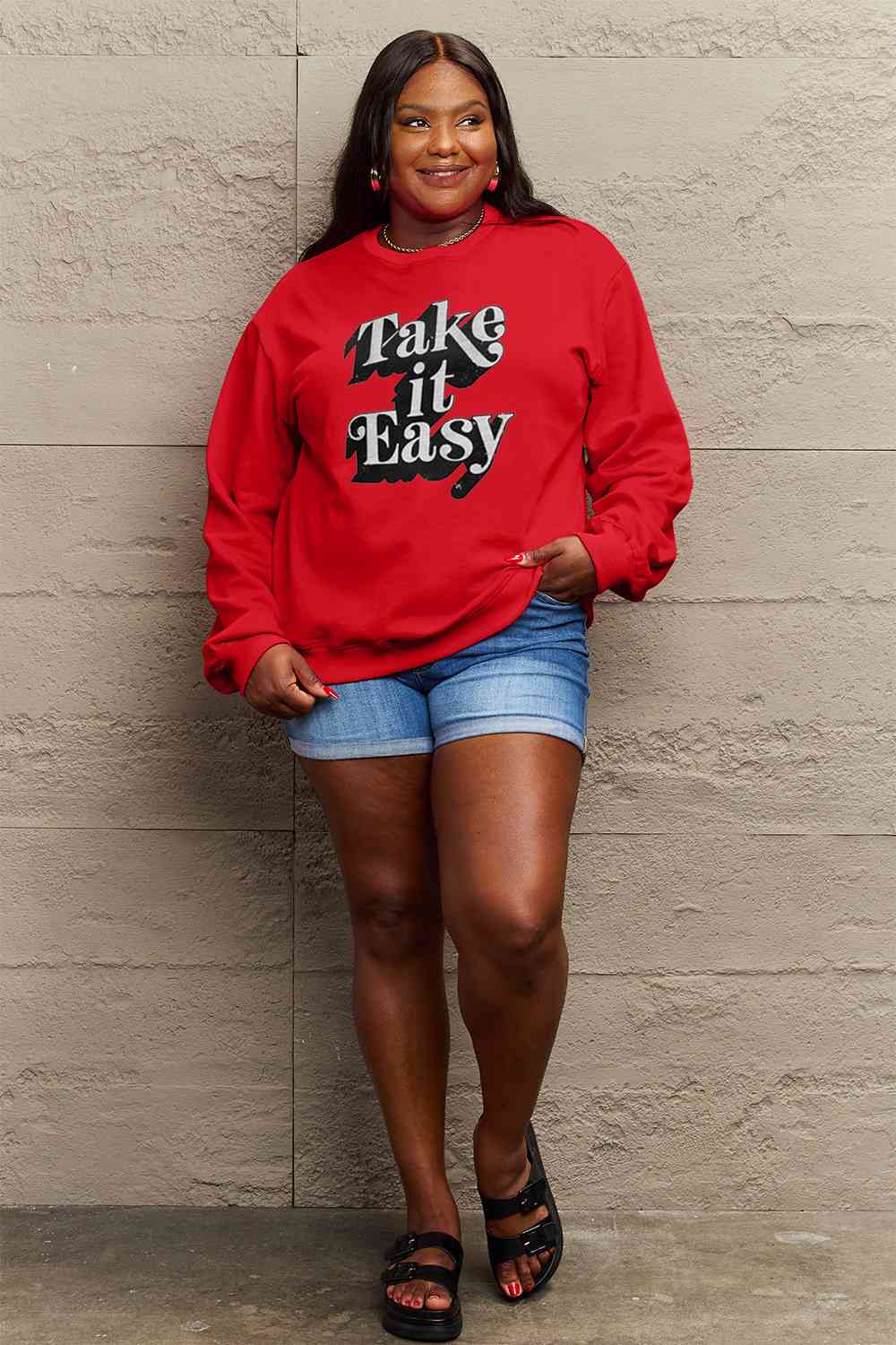 Simply Love Full Size TAKE IT EASY Graphic Sweatshirt BLUE ZONE PLANET