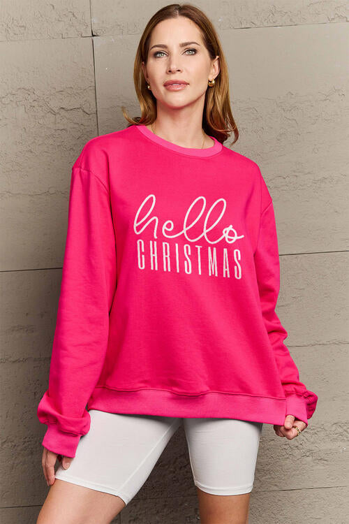 Simply Love Full Size HELLO CHRISTMAS Long Sleeve Sweatshirt BLUE ZONE PLANET