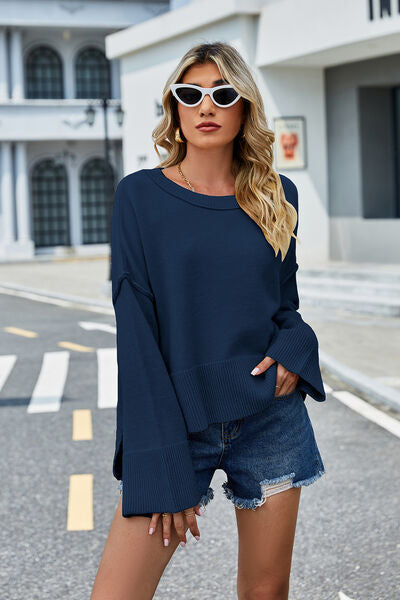 High-Low Slit Round Neck Long Sleeve Sweater BLUE ZONE PLANET