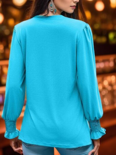 Blue Zone Planet |  Notched Smocked Flounce Sleeve Blouse BLUE ZONE PLANET