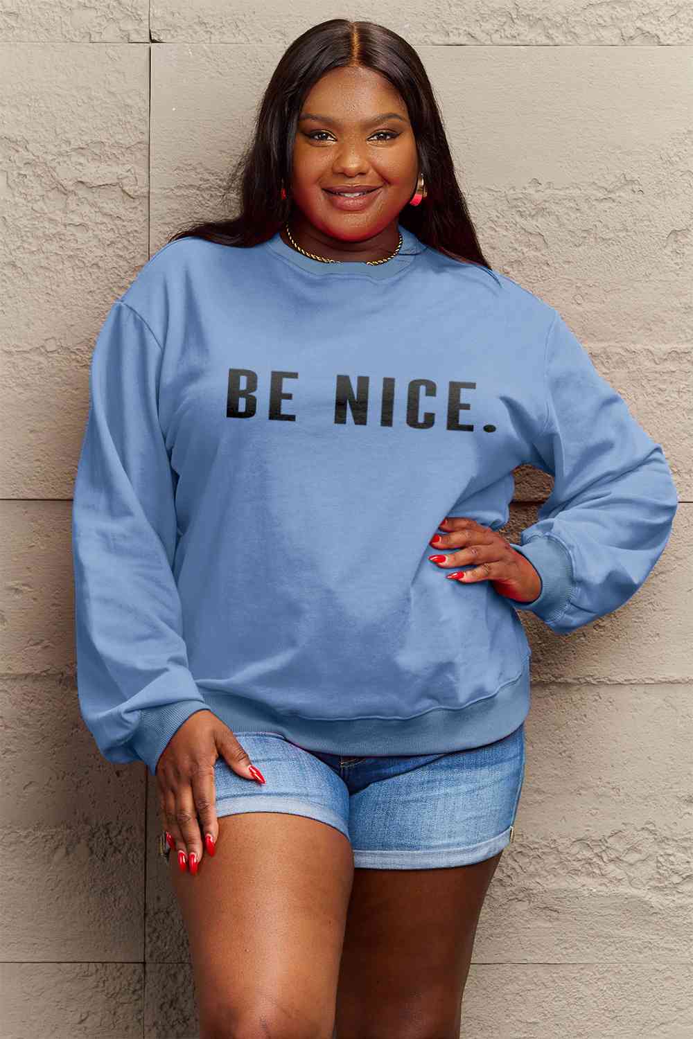 Simply Love Full Size BE NICE Graphic Sweatshirt BLUE ZONE PLANET