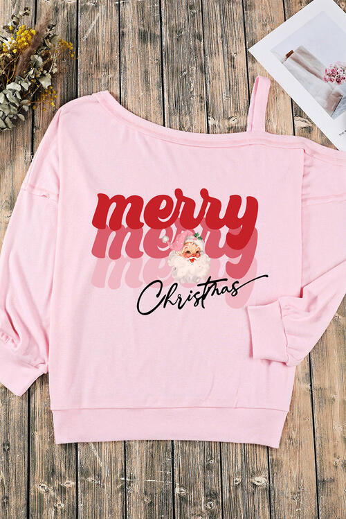 MERRY CHRISTMAS Graphic Asymmetrical Neck Top BLUE ZONE PLANET