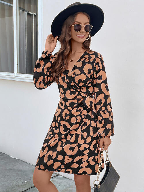 Printed Surplice Long Sleeve Dress BLUE ZONE PLANET