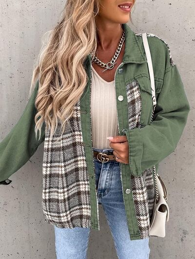 Plaid Button Up Dropped Shoulder Jacket BLUE ZONE PLANET