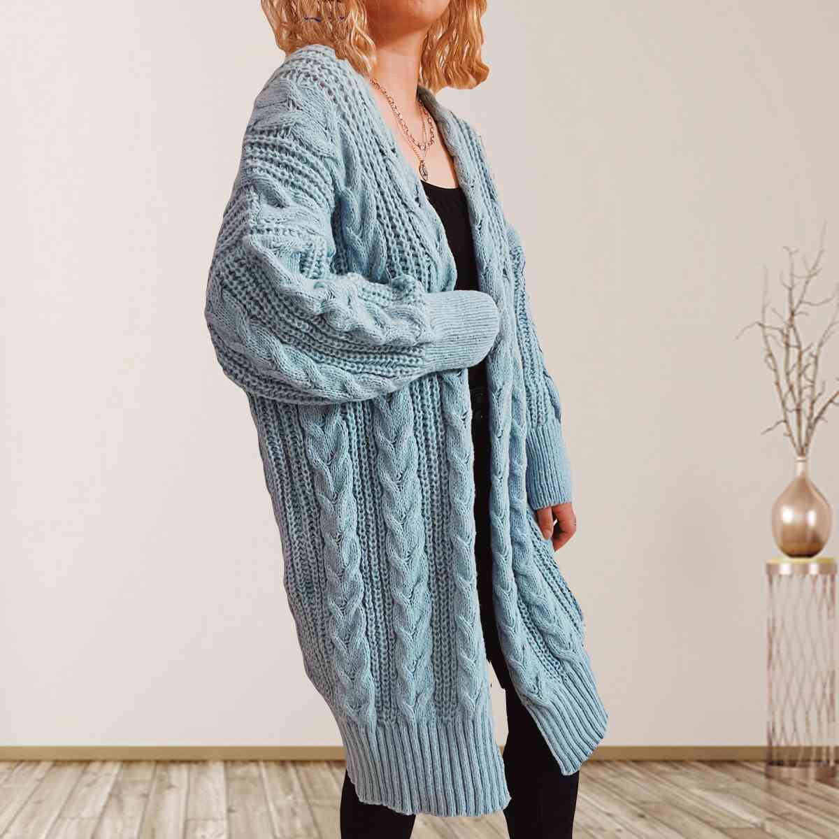 Cable-Knit Open Front Dropped Shoulder Cardigan BLUE ZONE PLANET