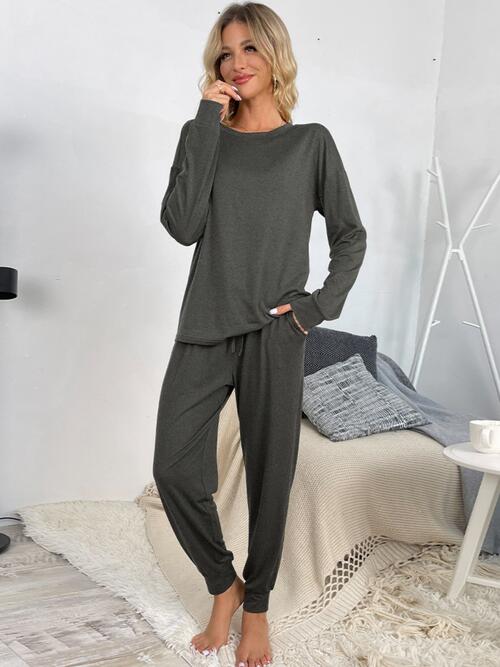 Round Neck Top and Drawstring Pants Lounge Set BLUE ZONE PLANET