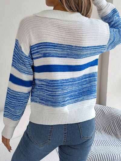 Striped Collared Neck Long Sleeve Sweater BLUE ZONE PLANET