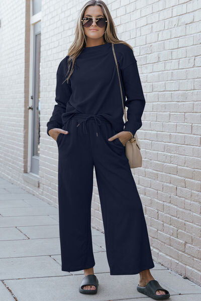 Double Take Full Size Textured Long Sleeve Top and Drawstring Pants Set BLUE ZONE PLANET