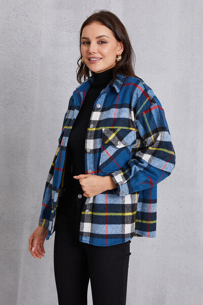 Plaid Button Up Dropped Shoulder Jacket-TOPS / DRESSES-[Adult]-[Female]-2022 Online Blue Zone Planet