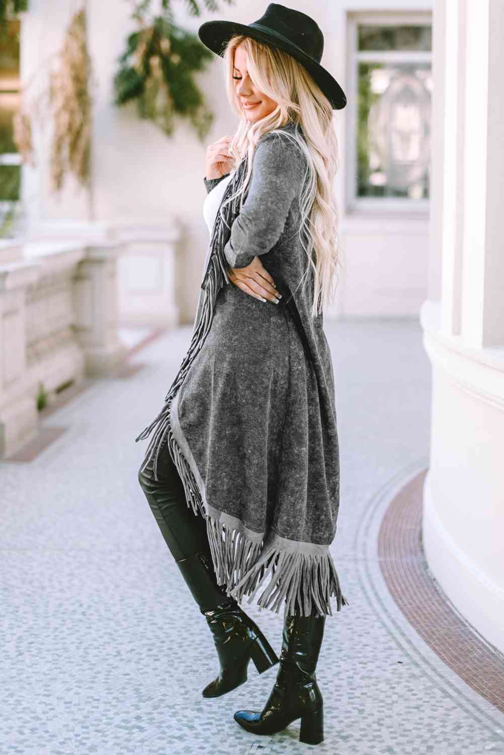 Fringe Detail Long Sleeve Cardigan BLUE ZONE PLANET