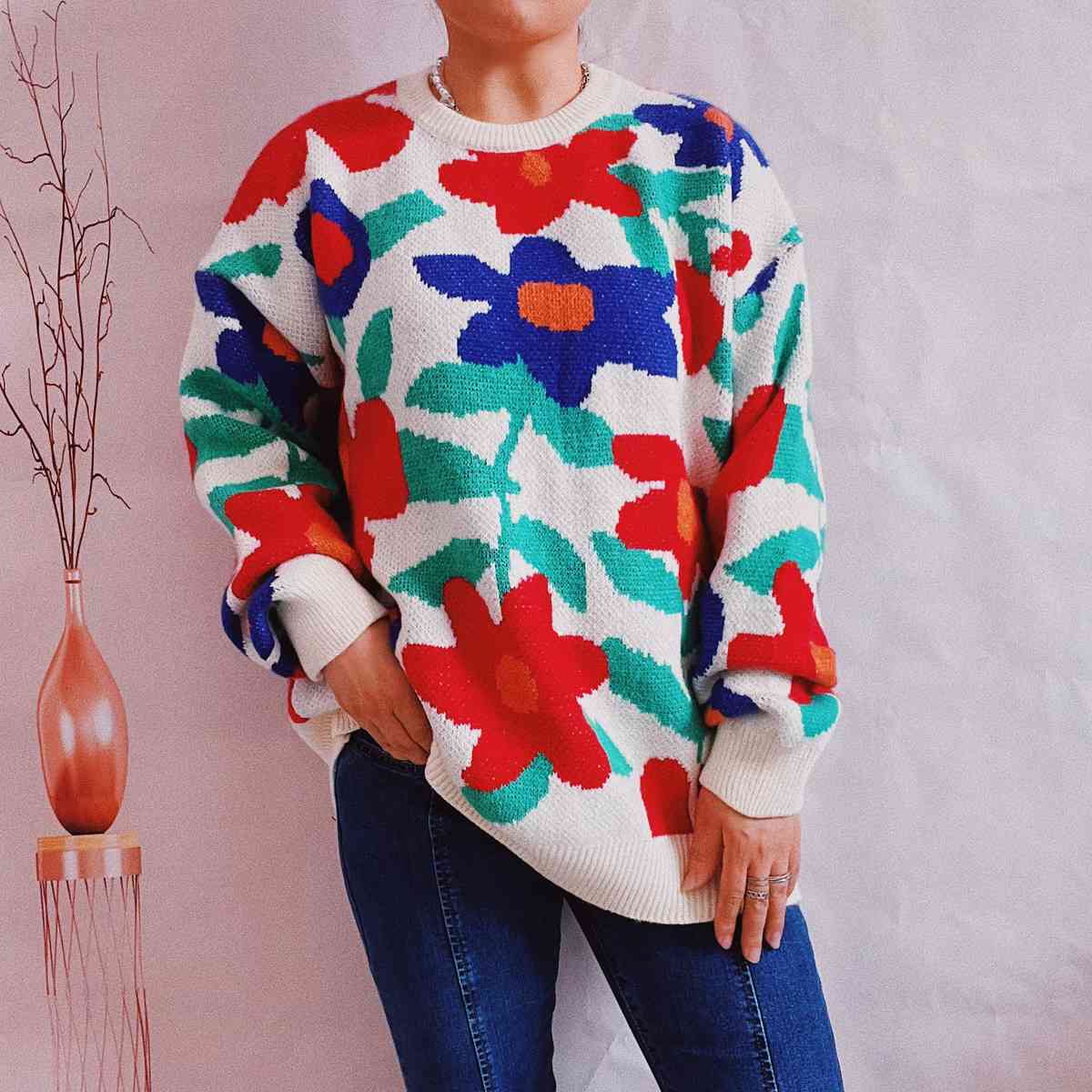 Floral Print Round Neck Drop Shoulder Sweater BLUE ZONE PLANET