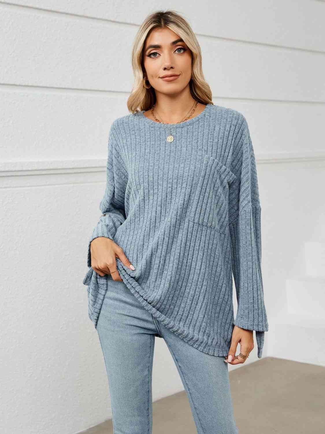 Round Neck Ribbed Long Sleeve T-Shirt BLUE ZONE PLANET