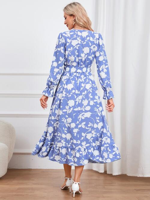 Floral Surplice Flounce Sleeve Ruffle Hem Dress BLUE ZONE PLANET