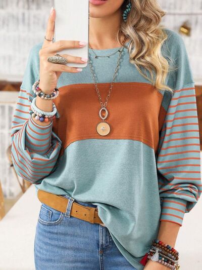 Round Neck Striped Long Sleeve Slit T-Shirt BLUE ZONE PLANET