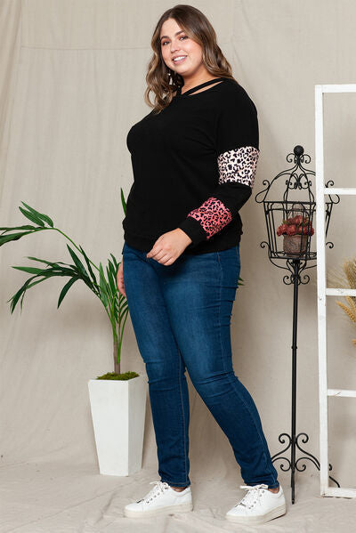 Plus Size Leopard Dropped Shoulder Long Sleeve T-Shirt BLUE ZONE PLANET