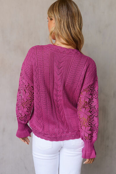 Openwork Lantern Sleeve Dropped Shoulder Sweater Trendsi