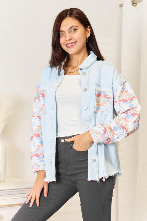 Buttoned Collared Neck Denim Jacket BLUE ZONE PLANET