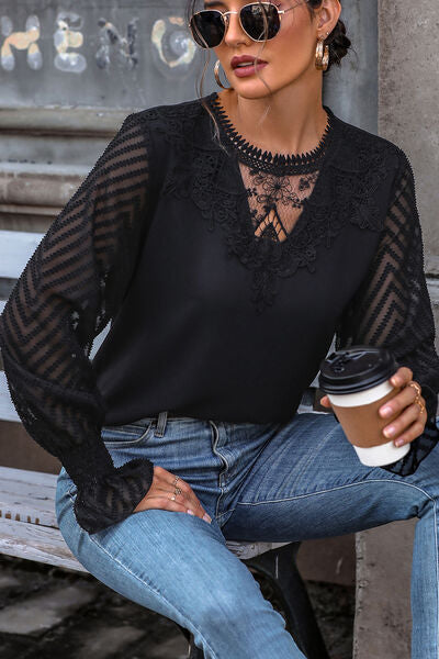 Lace Detail Smocked Flounce Sleeve Blouse Trendsi