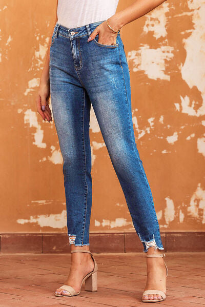 Blue Zone Planet |  Raw Hem Skinny Jeans with Pockets BLUE ZONE PLANET