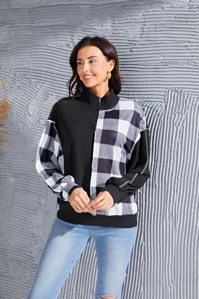 Plaid Exposed Seam Long Sleeve Blouse BLUE ZONE PLANET