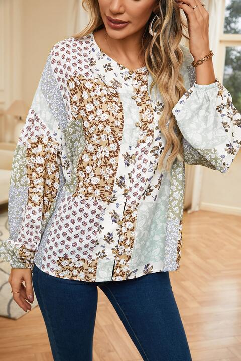 Printed Button Up Long Sleeve Shirt BLUE ZONE PLANET