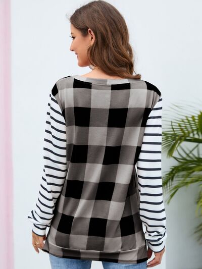 Plaid Striped Round Neck Long Sleeve T-Shirt-TOPS / DRESSES-[Adult]-[Female]-2022 Online Blue Zone Planet