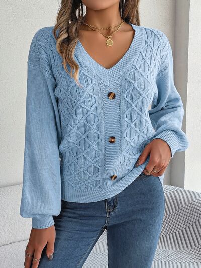 Cable-Knit V-Neck Lantern Sleeve Sweater BLUE ZONE PLANET