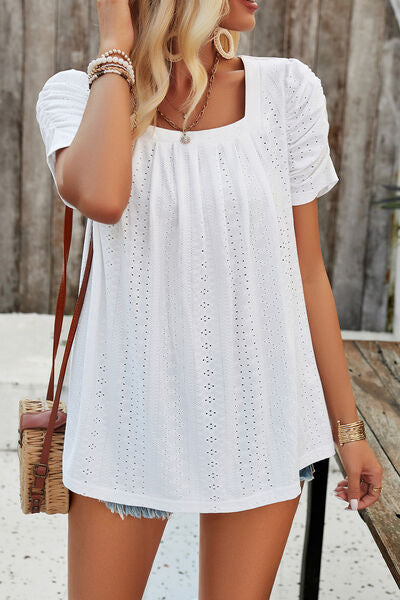 Eyelet Square Neck Puff Sleeve T-Shirt Trendsi