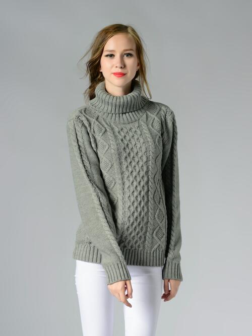 Cable-Knit Turtleneck Long Sleeve Sweater BLUE ZONE PLANET