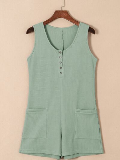 Waffle-Knit Half Button Sleeveless Romper with Pockets Trendsi