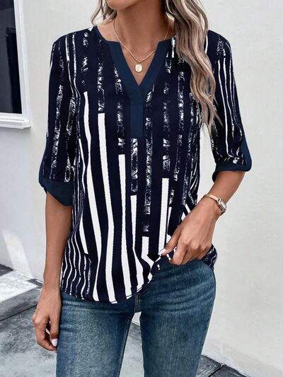 Blue Zone Planet |  Striped Notched Half Sleeve Blouse BLUE ZONE PLANET