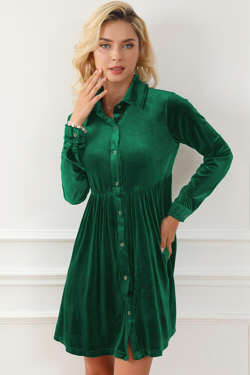 Ruched Button Up Collared Neck Long Sleeve Shirt Dress-TOPS / DRESSES-[Adult]-[Female]-2022 Online Blue Zone Planet