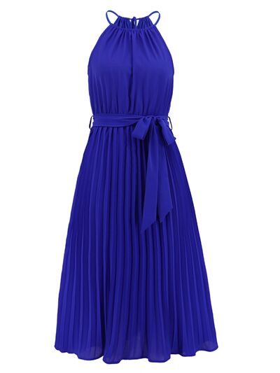 Blue Zone Planet |  Pleated Spaghetti Strap Tie Waist Midi Dress BLUE ZONE PLANET