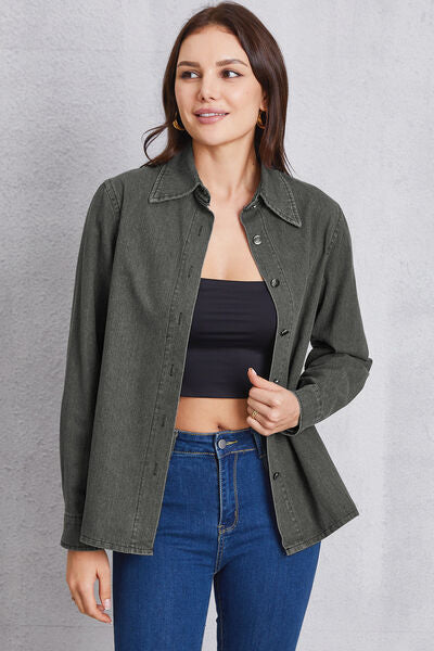 Collared Neck Button Up Denim Top Trendsi