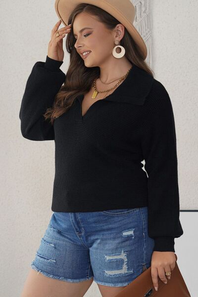 Plus Size Collared Neck Long Sleeve Sweater-TOPS / DRESSES-[Adult]-[Female]-2022 Online Blue Zone Planet