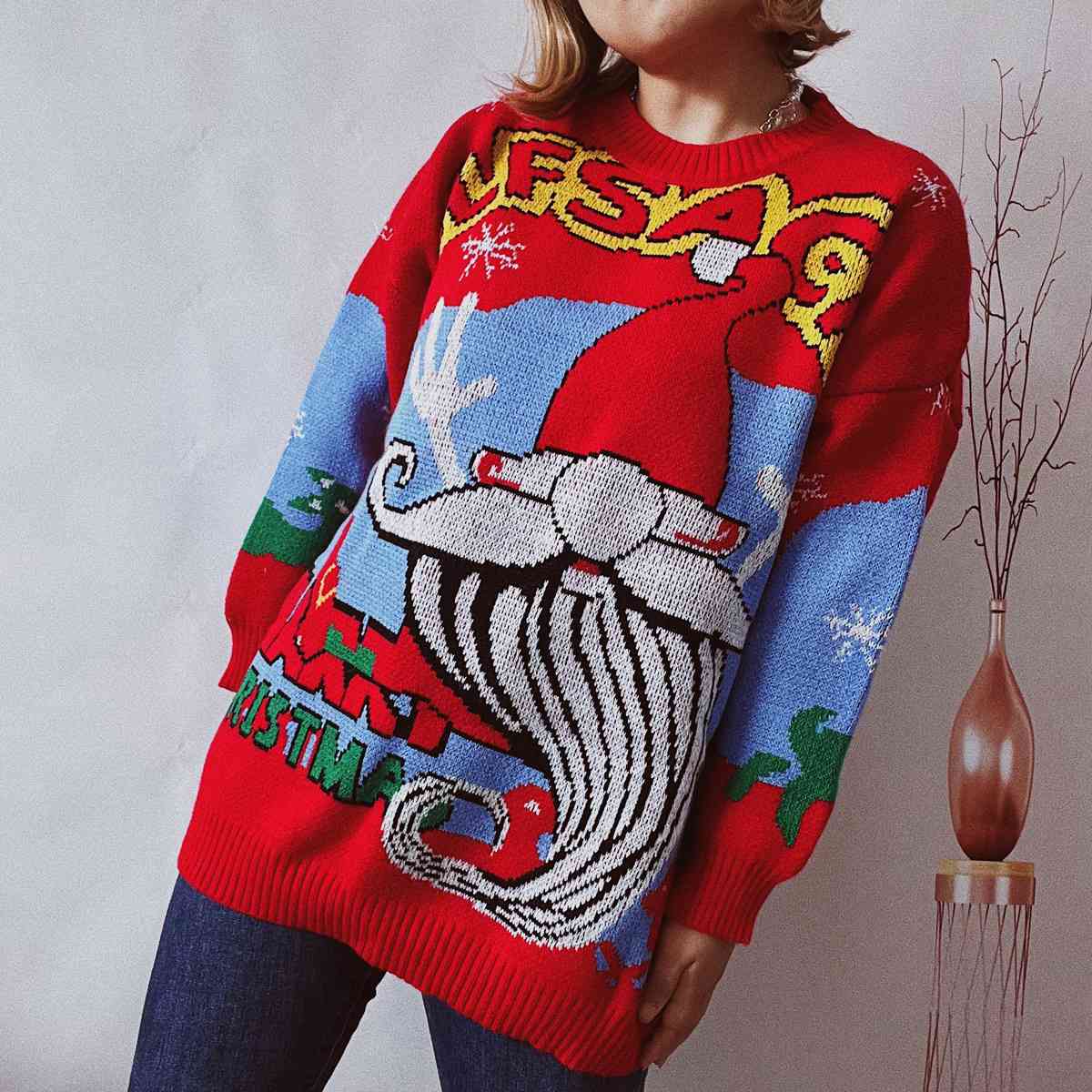 Printed Round Neck Long Sleeve Sweater BLUE ZONE PLANET