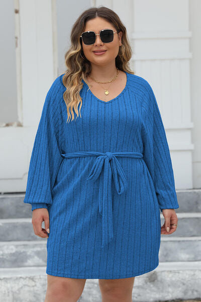 Plus Size Ribbed Tie Front Long Sleeve Sweater Dress BLUE ZONE PLANET